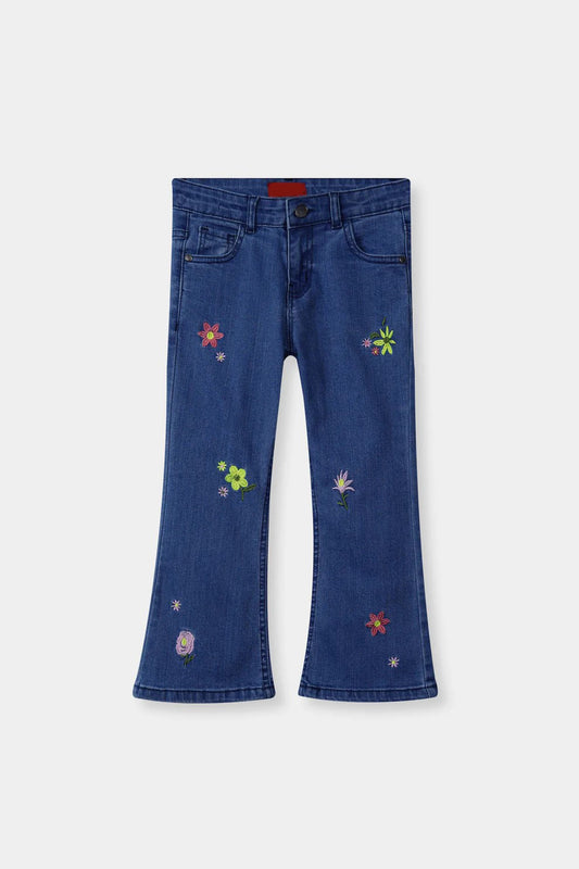 Girls Mid Blue Flare Flower Embroidered Pant