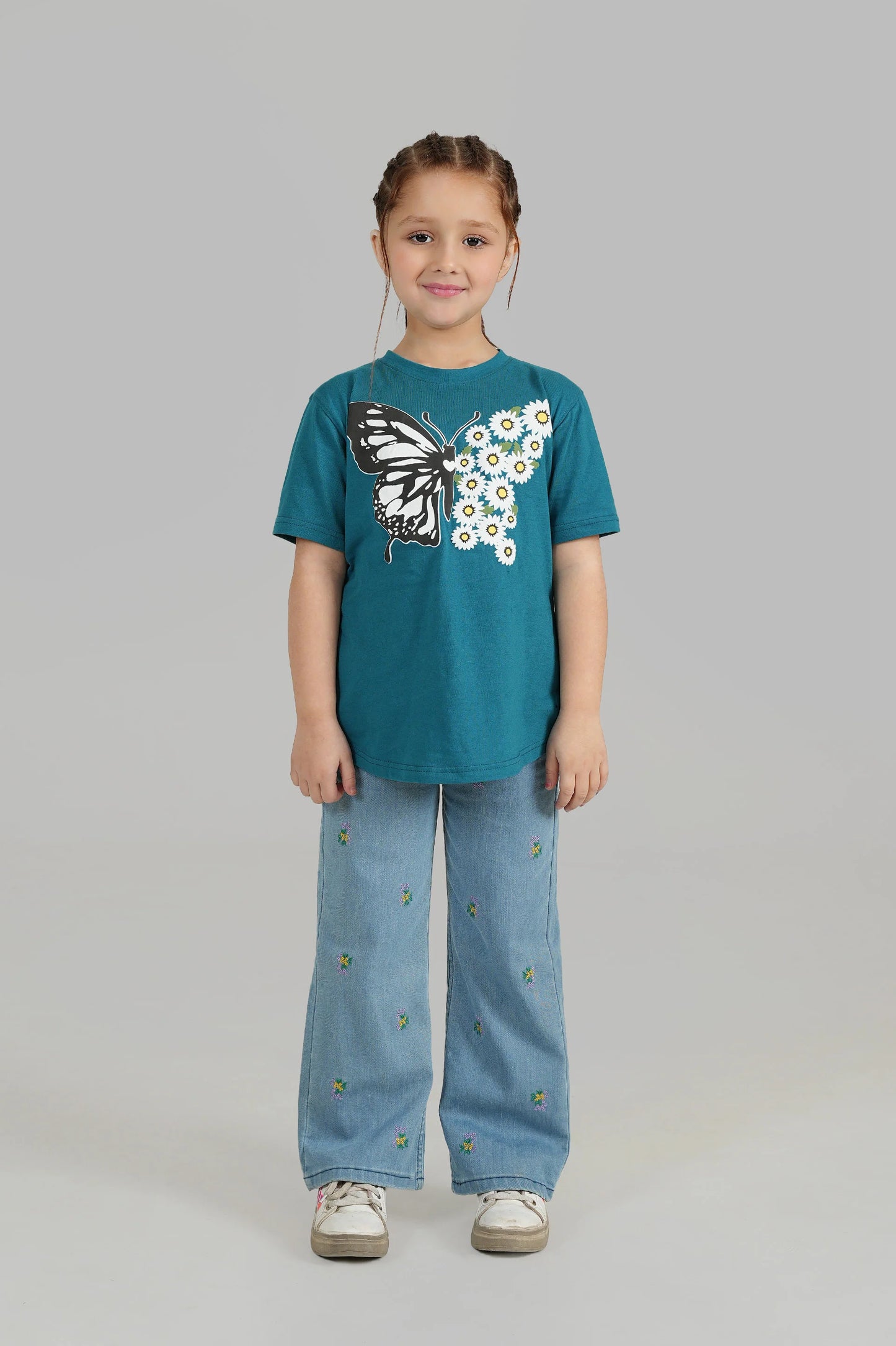 Girls Ice Blue Wide Leg Flower Embroidered Pant