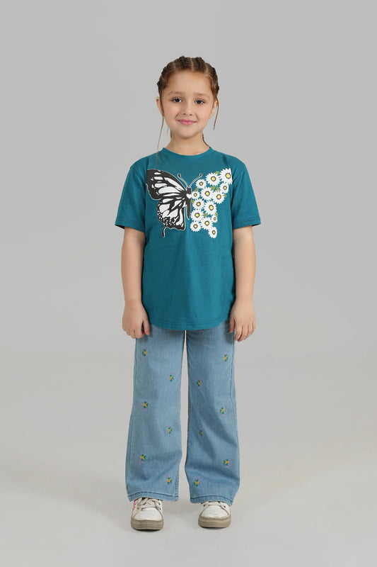Girls Ice Blue Wide Leg Flower Embroidered Pant