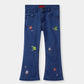 Girls Mid Blue Flare Flower Embroidered Pant