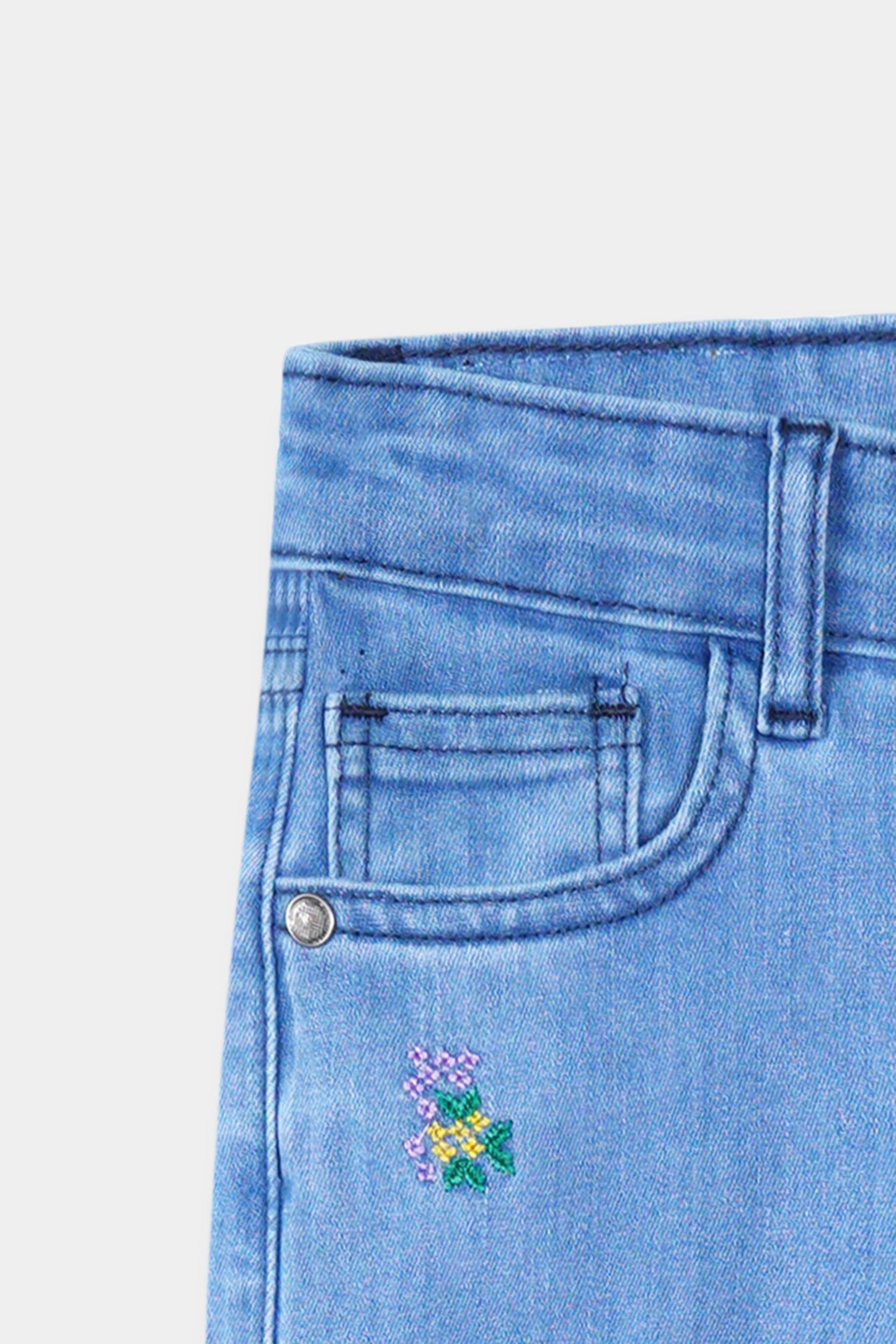 Girls Ice Blue Wide Leg Flower Embroidered Pant