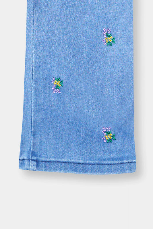 Girls Ice Blue Wide Leg Flower Embroidered Pant