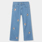 Girls Light Blue Wide Leg Unicorn Embroidered Pant