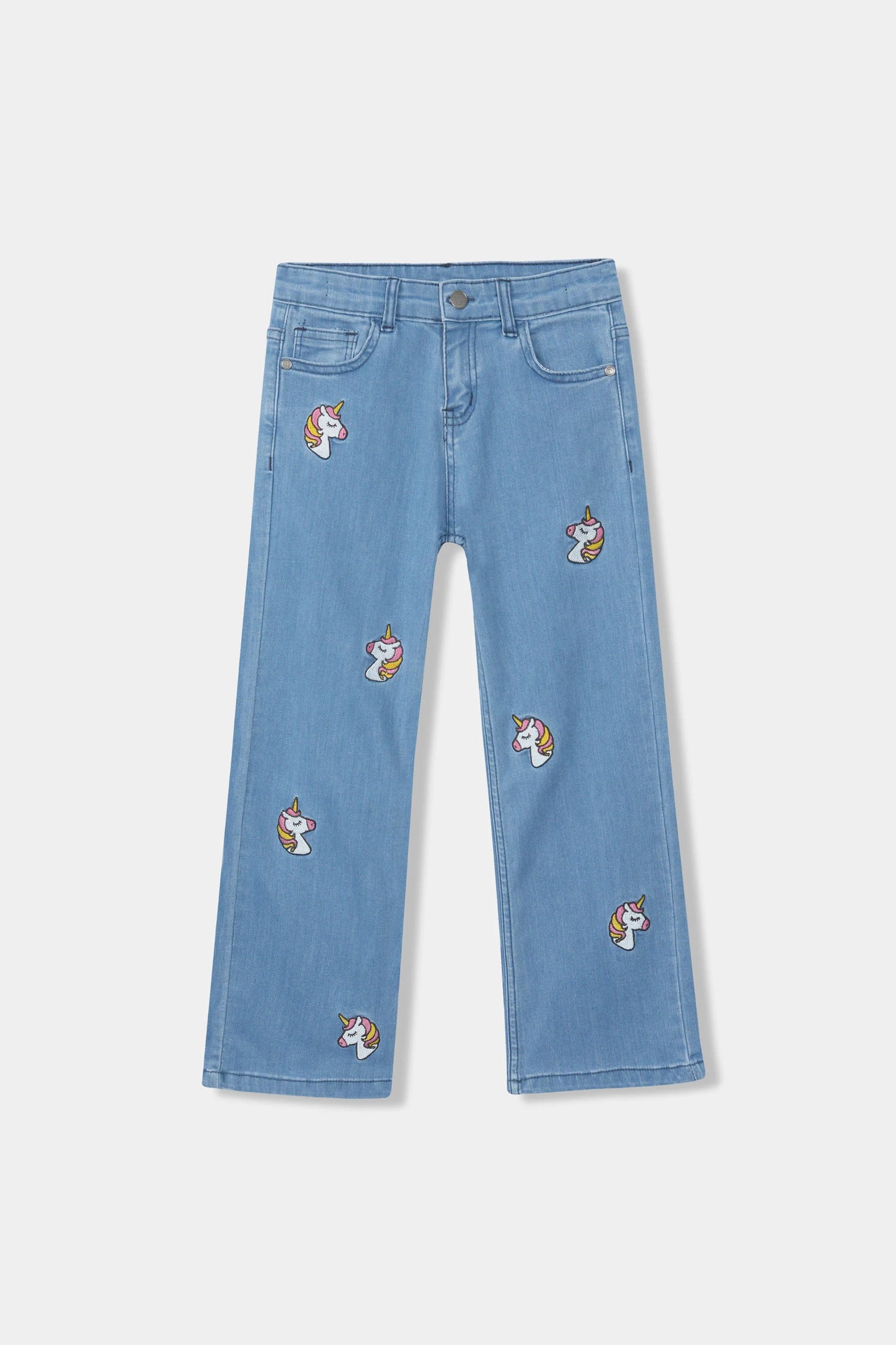 Girls Light Blue Wide Leg Unicorn Embroidered Pant