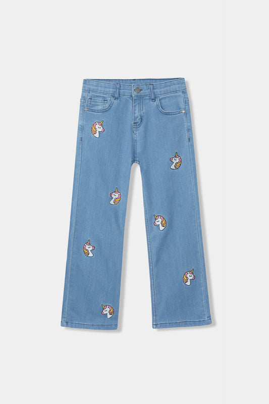Girls Light Blue Wide Leg Unicorn Embroidered Pant