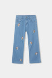 Girls Light Blue Wide Leg Unicorn Embroidered Pant