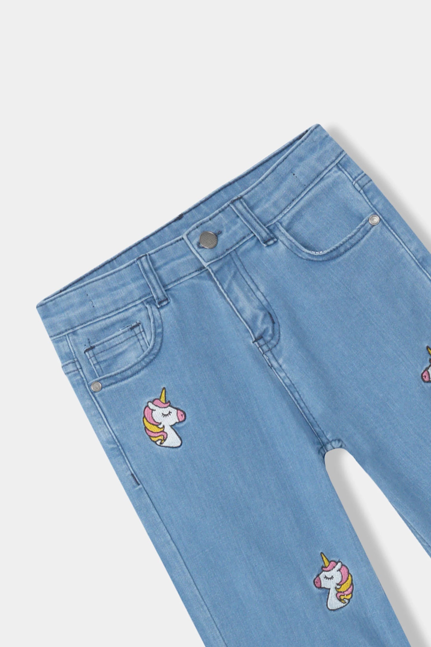 Girls Light Blue Wide Leg Unicorn Embroidered Pant