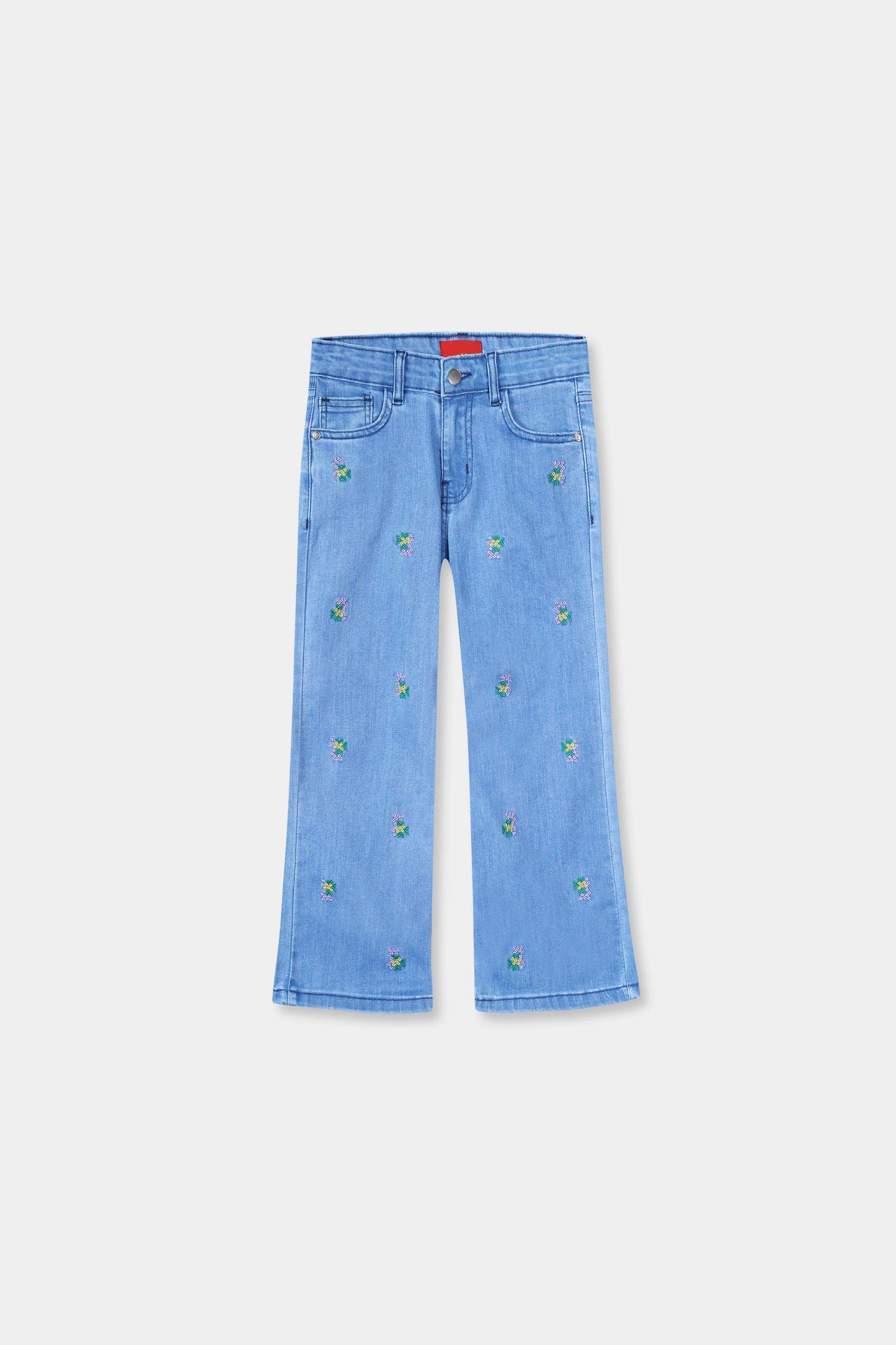Girls Ice Blue Wide Leg Flower Embroidered Pant